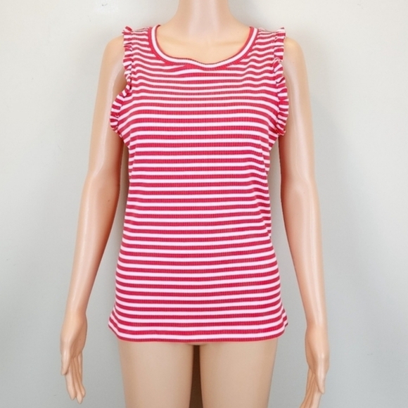 Crown & Ivy Pink and White Ruffled Sleeveless Tank Top - Picture 3 of 10